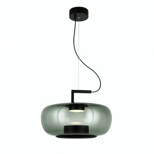 Modern green-tinted glass pendant light with black metal accents, suspended from the ceiling.