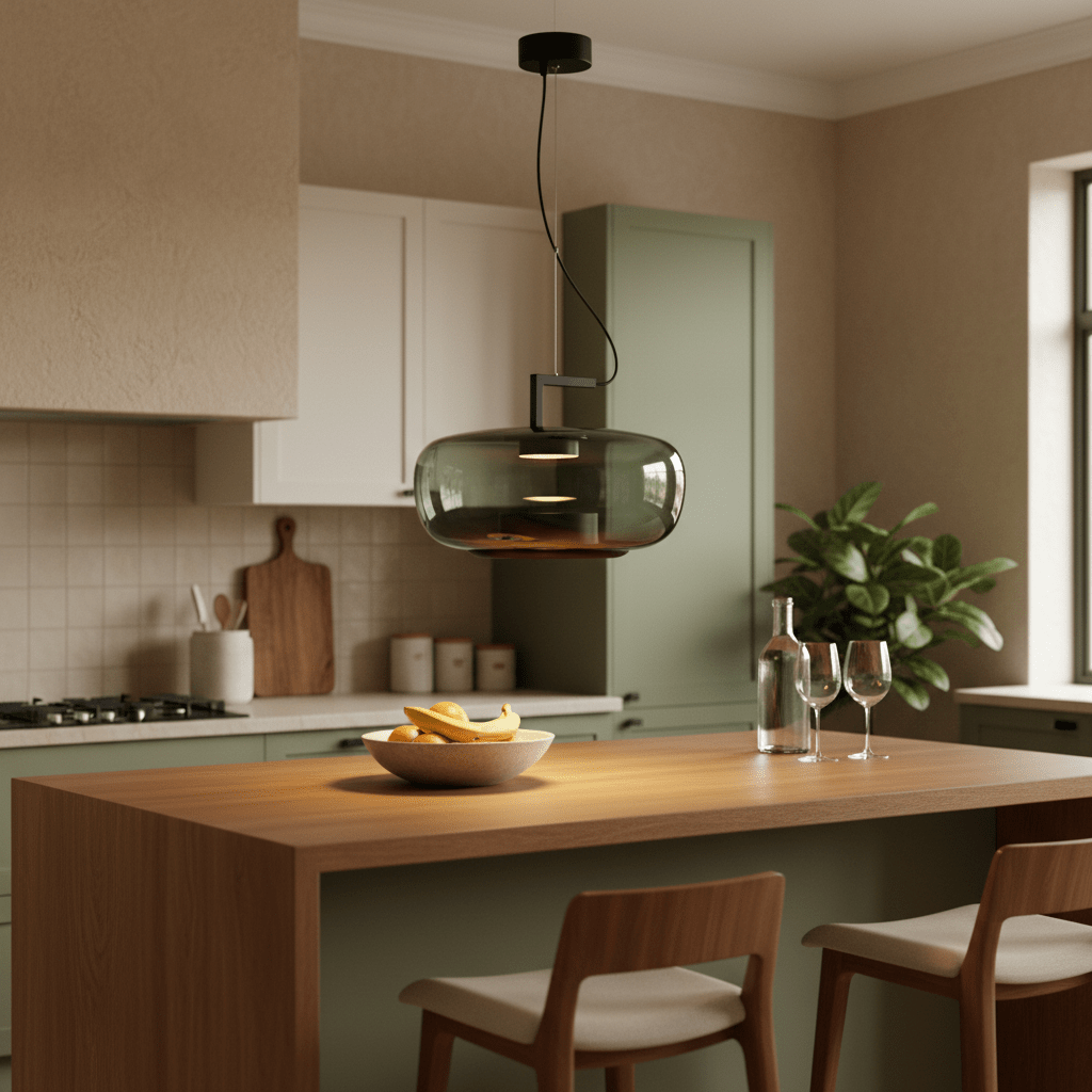 Modern green-tinted glass pendant light hanging over a wooden kitchen island with a bowl of bananas.