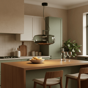Modern green-tinted glass pendant light hanging over a wooden kitchen island with a bowl of bananas.