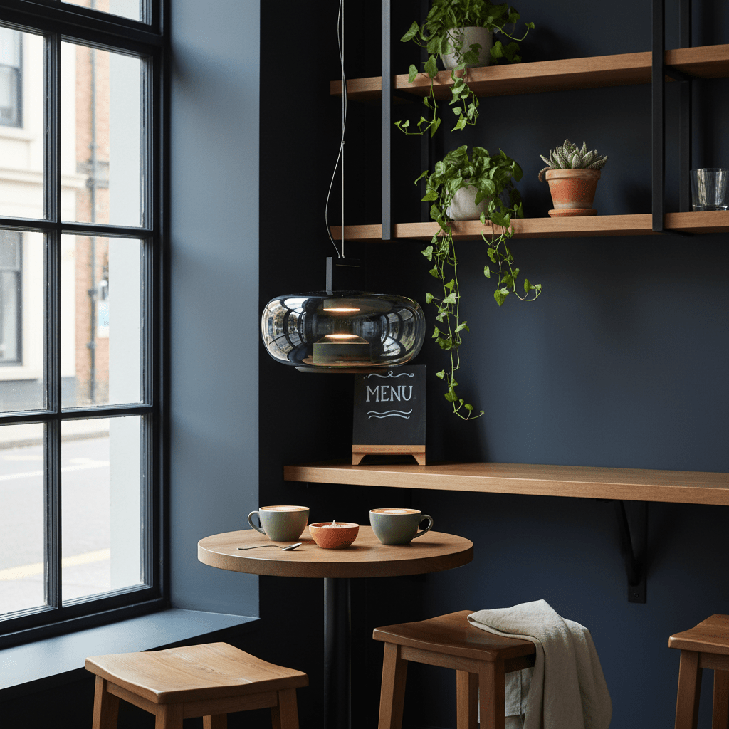 Modern green-tinted glass pendant light hanging above a wooden table with coffee cups and a small plant.