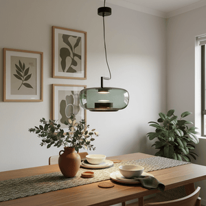 Modern green-tinted glass pendant light hanging above a dining table with plates and a vase of flowers.