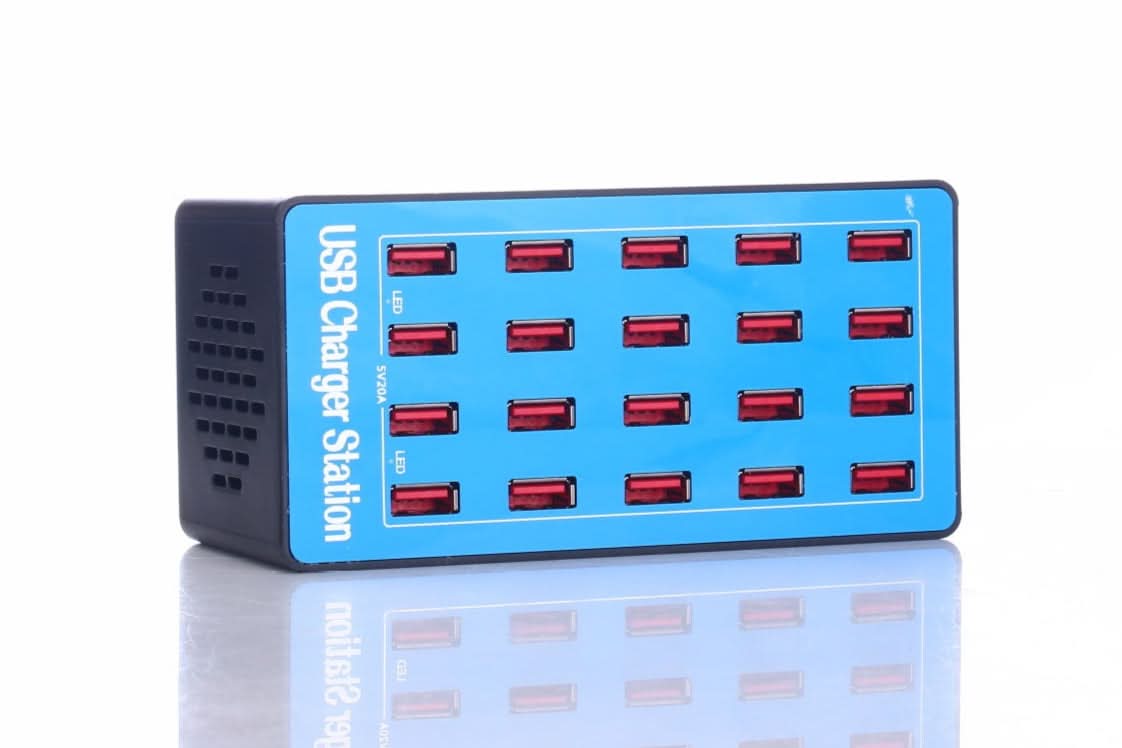 Blue USB charging station with multiple ports on a white background