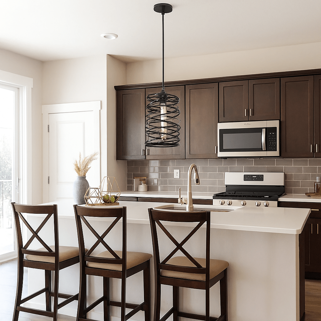 Modern kitchen with dark wood cabinets, white countertops, and a pendant light.