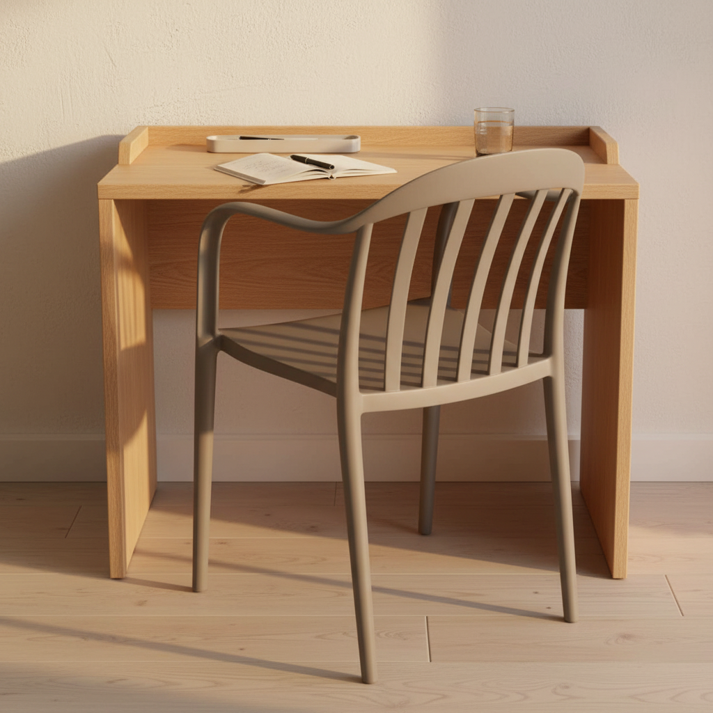 Warm grey chair positioned at a wooden desk with a notebook and glass of water.