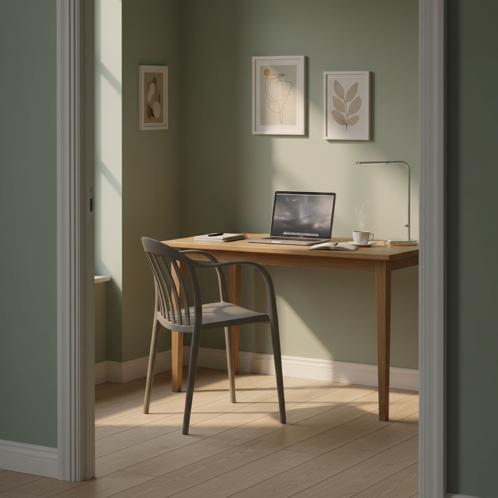 Warm grey Old School Chair positioned at a wooden desk with a laptop and coffee cup in a softly lit room.