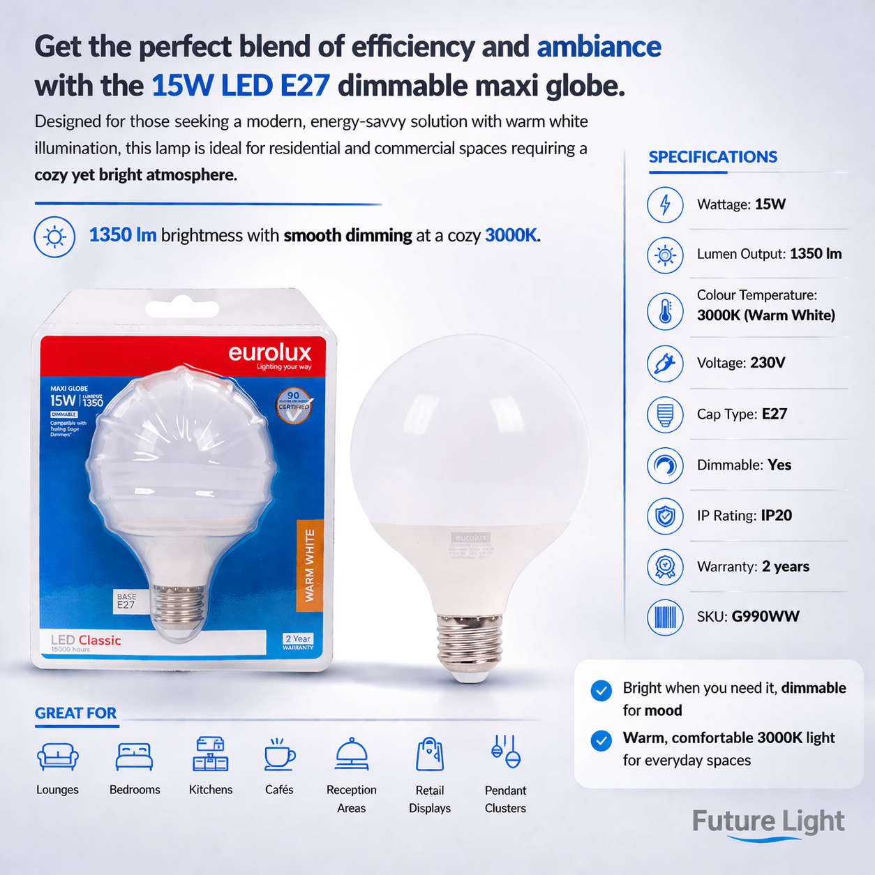 15W Warm White LED E27 Dimmable Maxi Globe