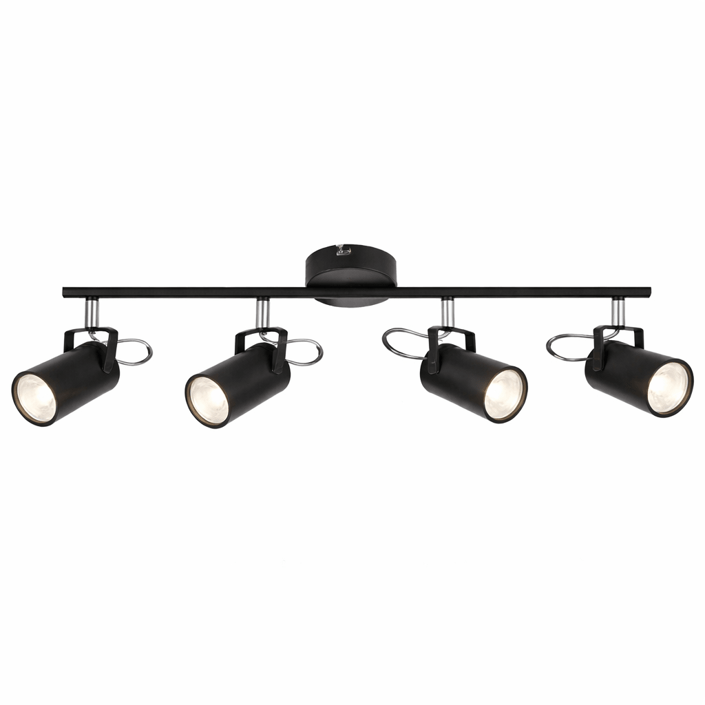 Black ceiling light fixture with four spotlights on a white background