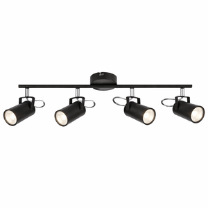 Black ceiling light fixture with four spotlights on a white background