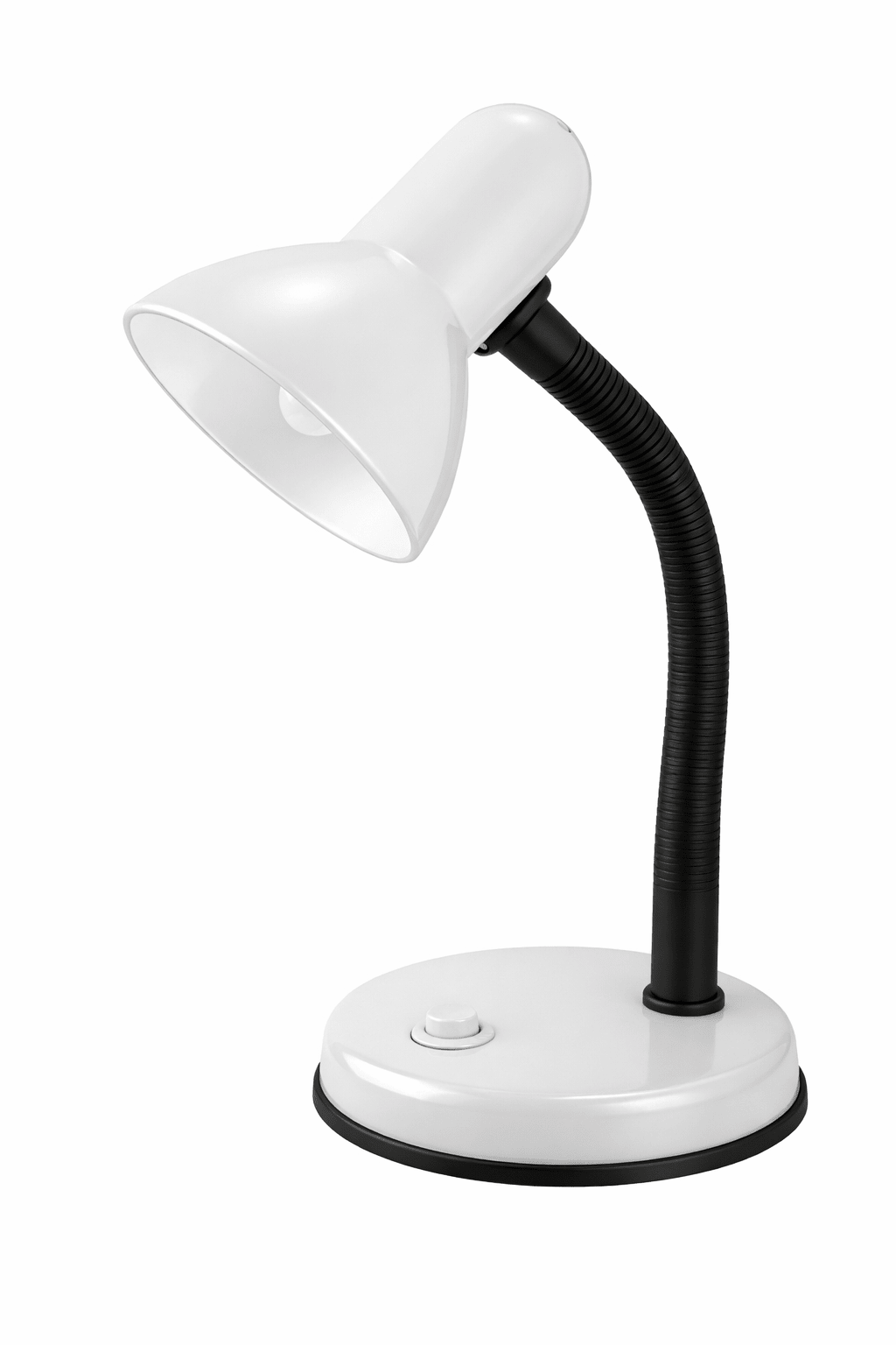 White desk lamp with a black flexible neck on a white background