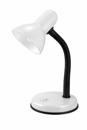White desk lamp with a black flexible neck on a white background