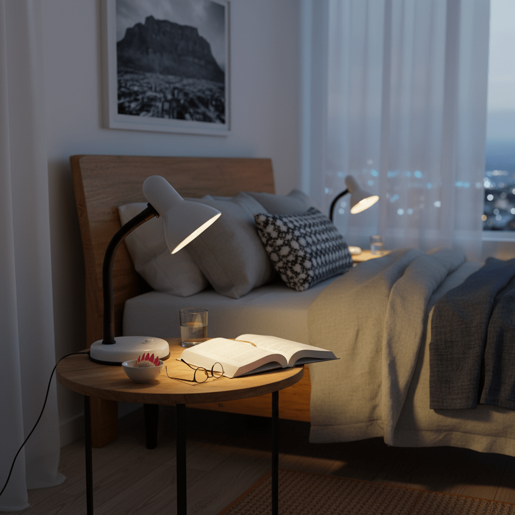 A modern desk lamp with a flexible neck illuminating an open book on a bedside table, creating a cozy reading nook.