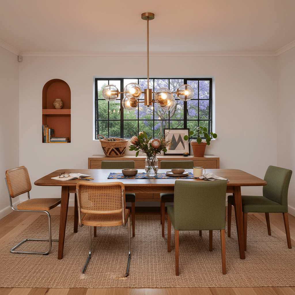 Stylish dining area featuring a gold and amber glass pendant light above a wooden table with green chairs.