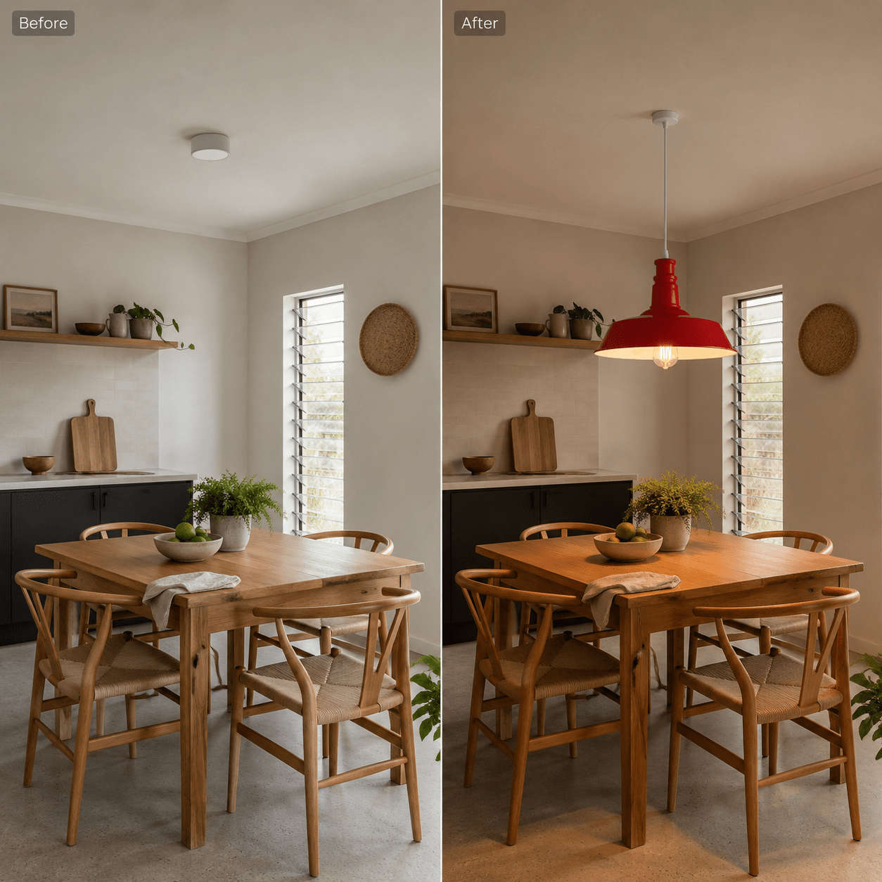 Before and after comparison showing a dining area with a red LED pendant light above a wooden table.
