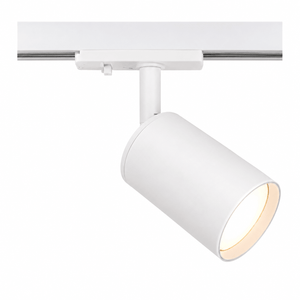 White GU10 spotlight mounted on a 3-wire track, showcasing sleek design and adjustable beam.