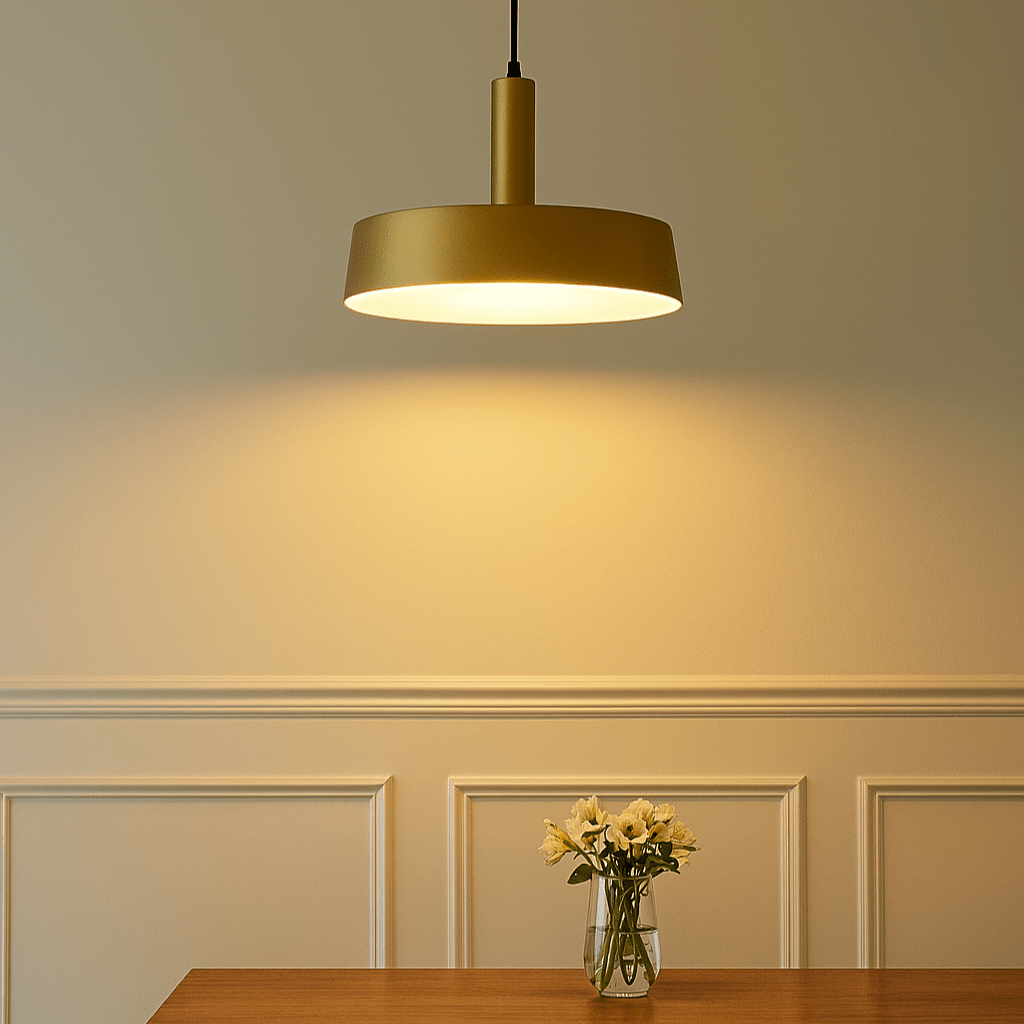 Gold pendant light fixture hanging above a wooden table with a vase of flowers against a beige wall.
