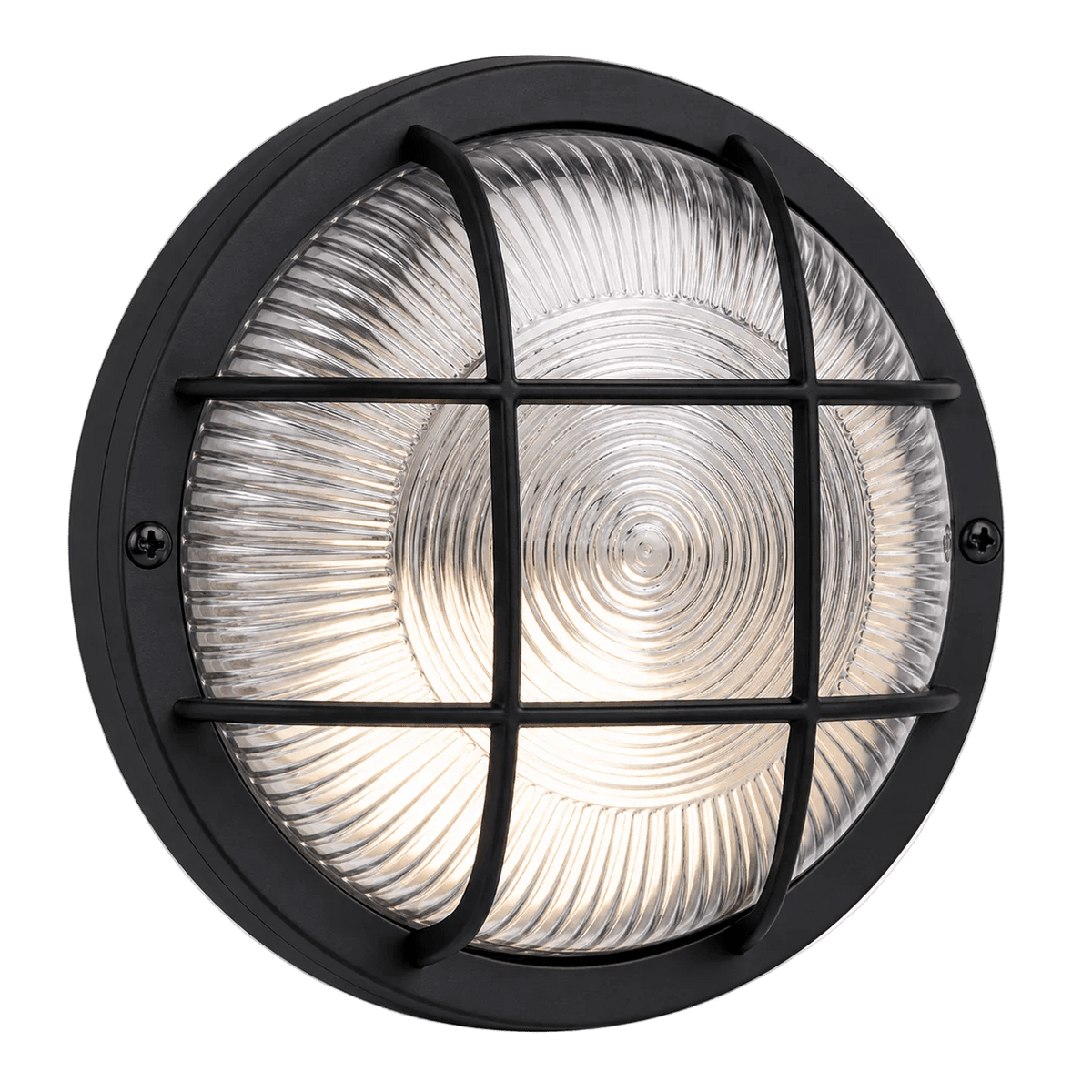 Round black bulkhead light with a clear glass lens featuring a ribbed design and a protective metal grid.