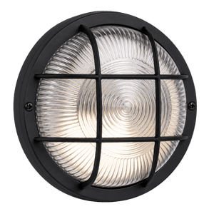 Round black bulkhead light with a clear glass lens featuring a ribbed design and a protective metal grid.