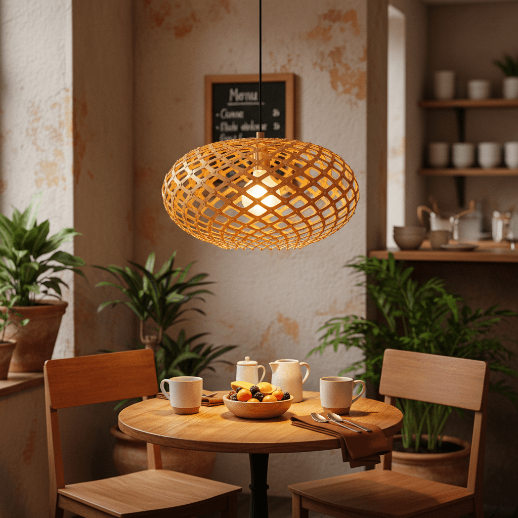 Poppy Ply Wood Pendant light hanging above a wooden dining table set with fruit and drinks, surrounded by plants.