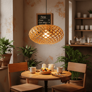 Poppy Ply Wood Pendant light hanging above a wooden dining table set with fruit and drinks, surrounded by plants.