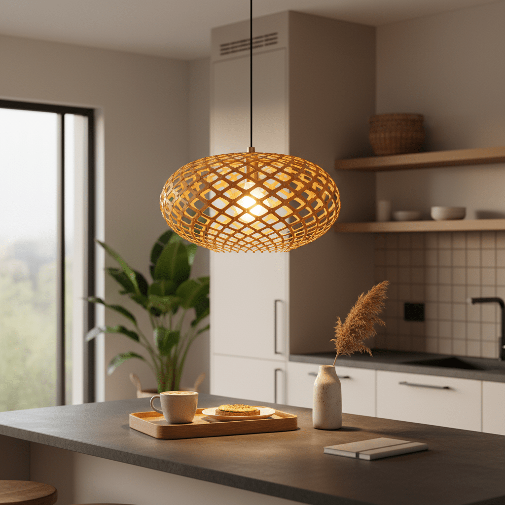 Poppy Ply Wood Pendant light hanging over a kitchen island, illuminating a tray with coffee and snacks.
