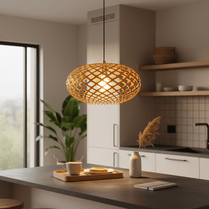 Poppy Ply Wood Pendant light hanging over a kitchen island, illuminating a tray with coffee and snacks.