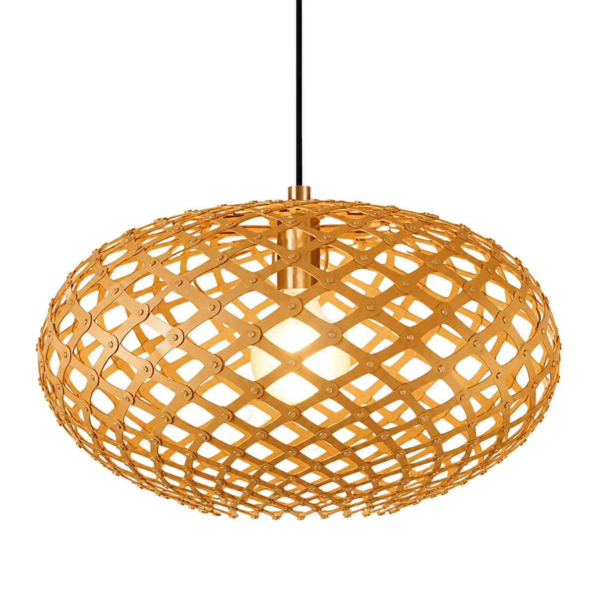 A woven, oval pendant light made of natural wood with a central bulb, suspended by a black cord.