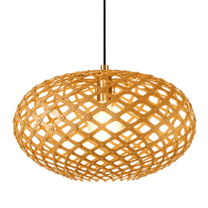 A woven, oval pendant light made of natural wood with a central bulb, suspended by a black cord.
