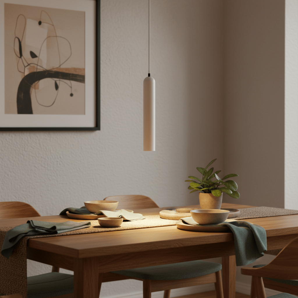 Minimalist white pendant light hanging above a wooden dining table set with bowls and a plant.