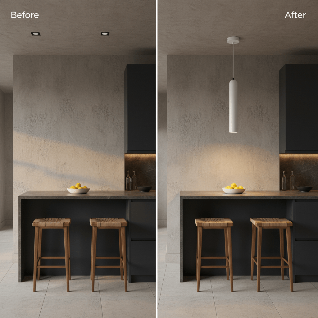 Comparison image showing a kitchen before and after installing the Flute GU10 Pendant Light, highlighting its modern design.