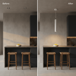 Comparison image showing a kitchen before and after installing the Flute GU10 Pendant Light, highlighting its modern design.