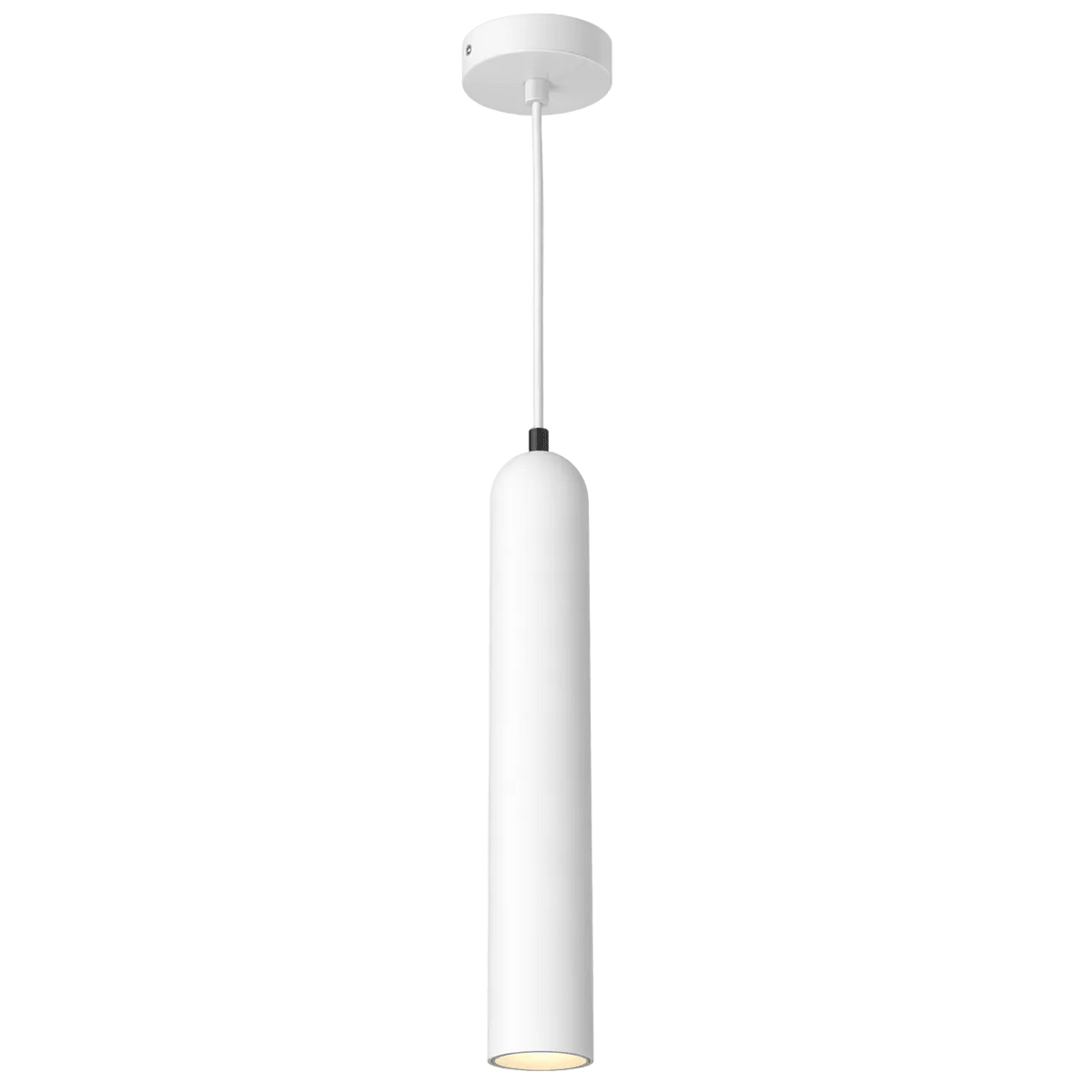 White cylindrical pendant light with a smooth finish, suspended from a round ceiling mount by a thin wire.