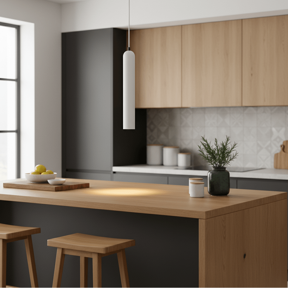 A minimalist white pendant light hangs above a wooden kitchen island, illuminating the workspace.