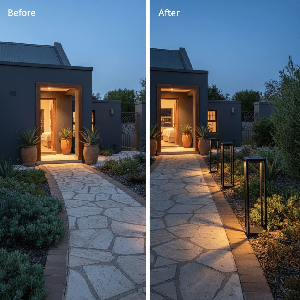 Before and after comparison of a pathway illuminated by solar bollards, enhancing visibility and ambiance.