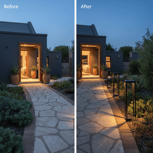 Before and after comparison of a pathway illuminated by solar bollards, enhancing visibility and ambiance.