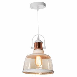 White metal pendant light with cognac glass shade, suspended from a white ceiling mount.