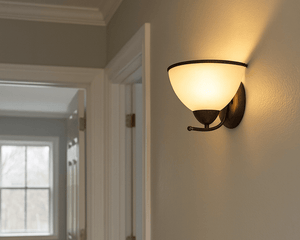 Wall-mounted light fixture on a wall in a room with a door and window in the background.