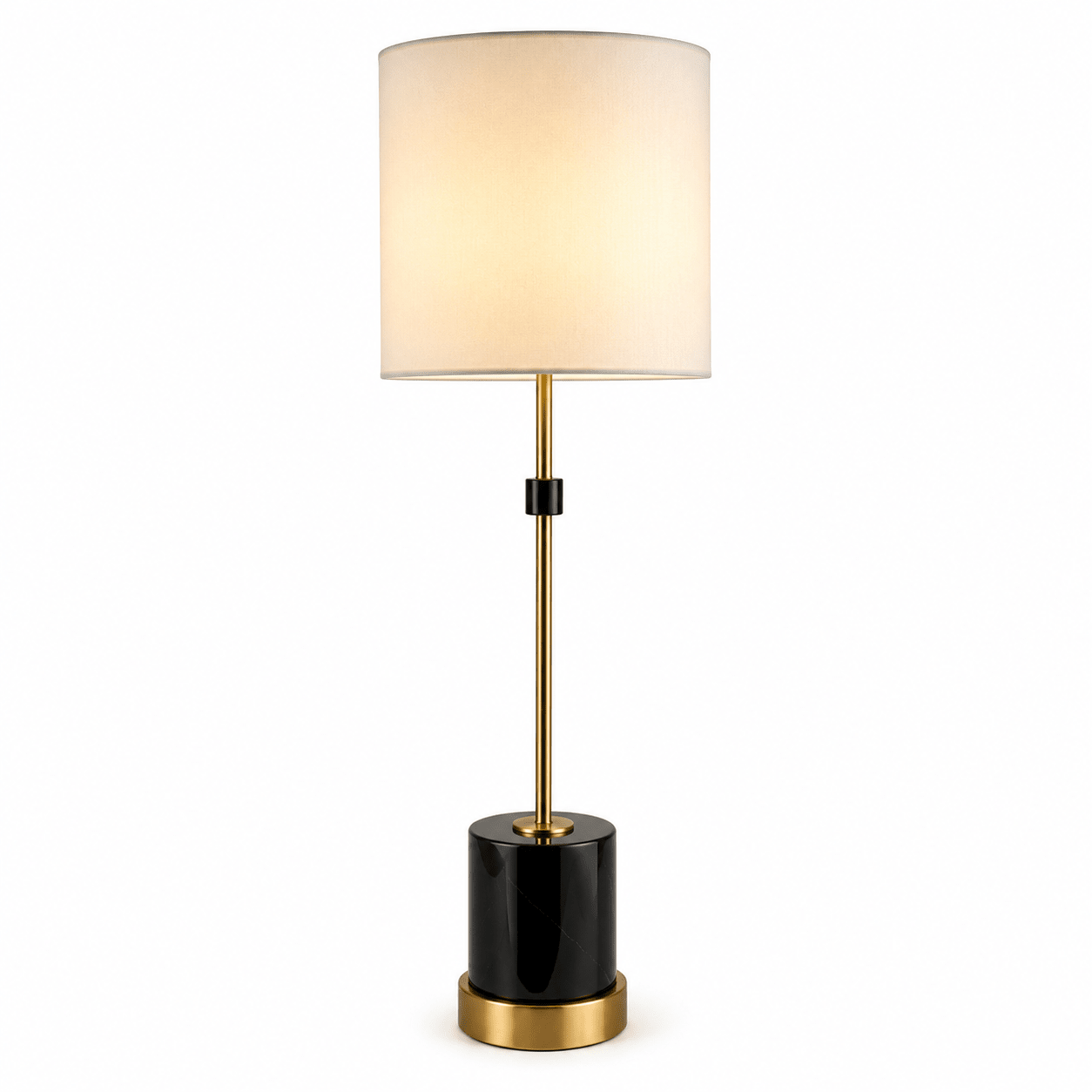 Elegant black and gold marble table lamp with a fabric shade, perfect for accent lighting.