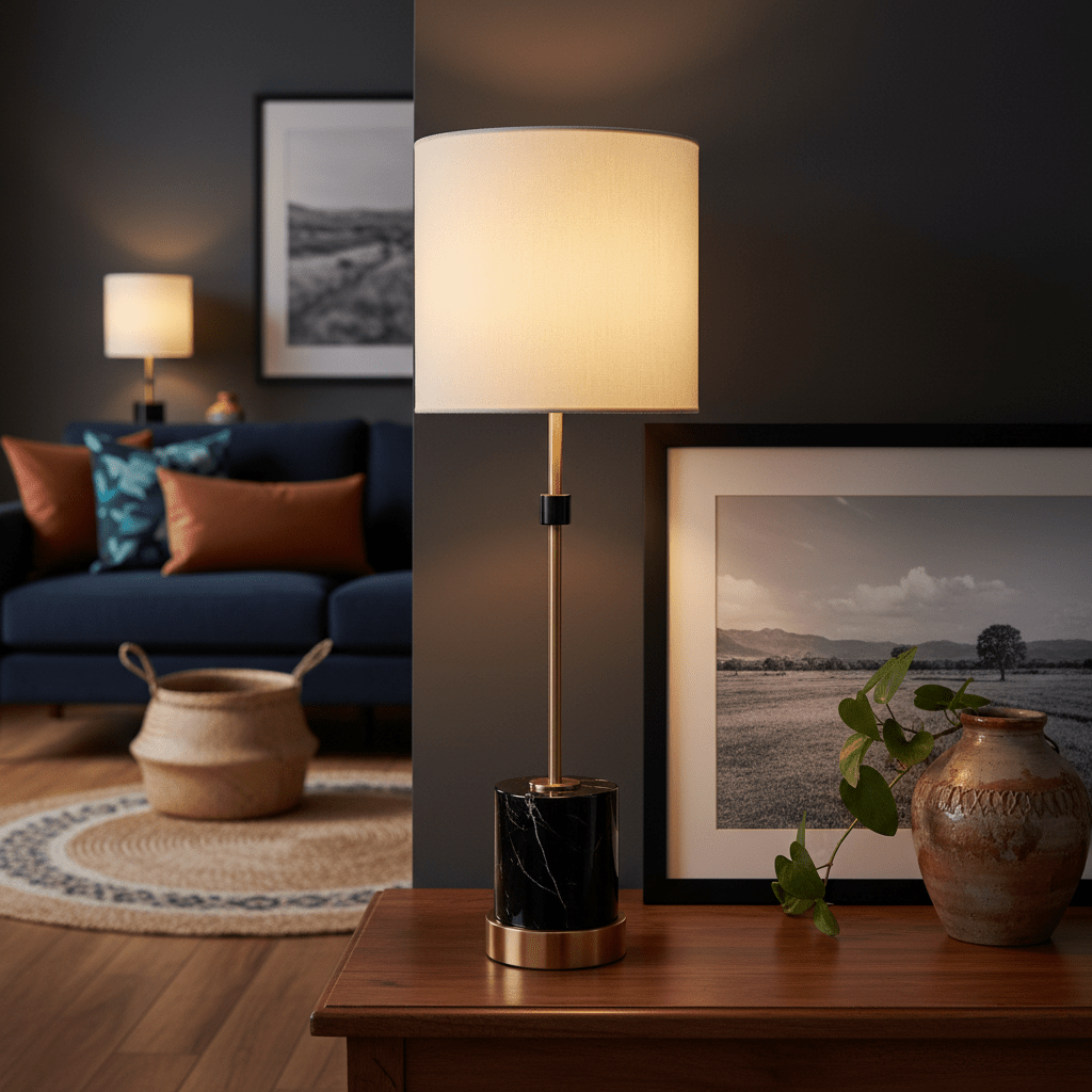 Venecia Black & Gold Marble Table Lamp on a wooden table, with a cozy living room backdrop featuring a blue sofa and