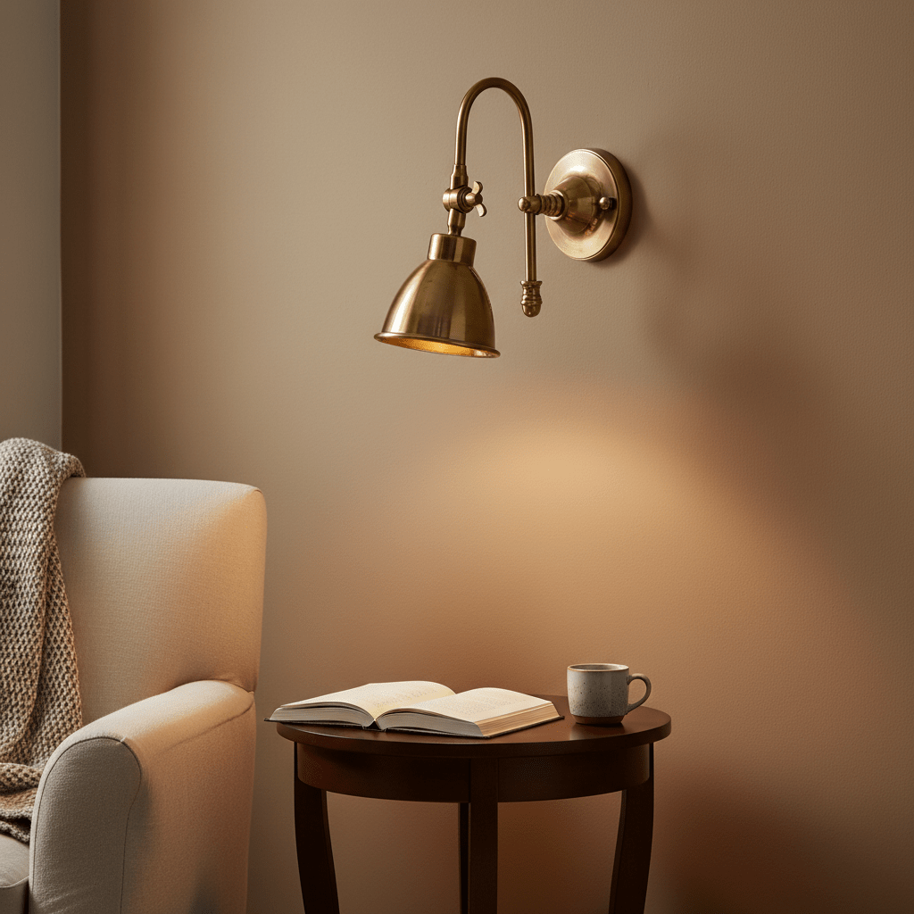Antique brass wall lamp with a curved neck, illuminating a cozy reading nook with a book and coffee.