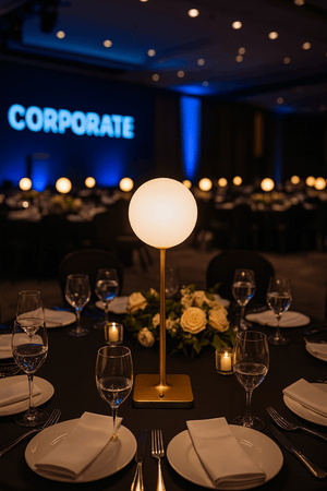 Dinner table setting with a lamp and flowers in a large room with 'CORPORATE' sign.
