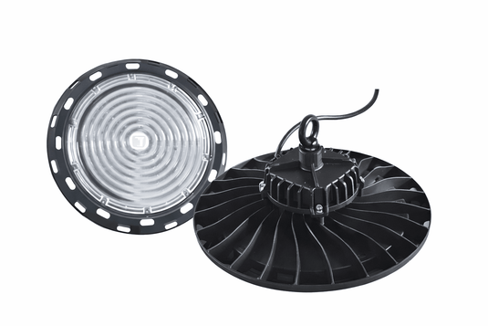 LED High Bay light with wide angle design, showcasing black housing and clear lens.