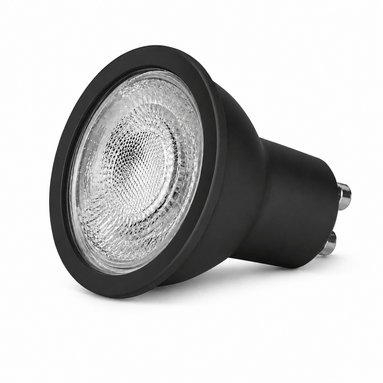 Compact GU10 LED downlight with a black finish and reflective lens, designed for efficient lighting.