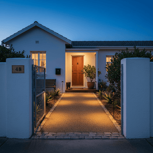 Warm white LED spike lights illuminate a garden pathway leading to a front door at dusk.