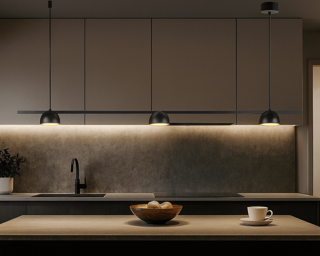 Modern kitchen with a wooden island, bowl of fruit, and cup, featuring pendant lights.