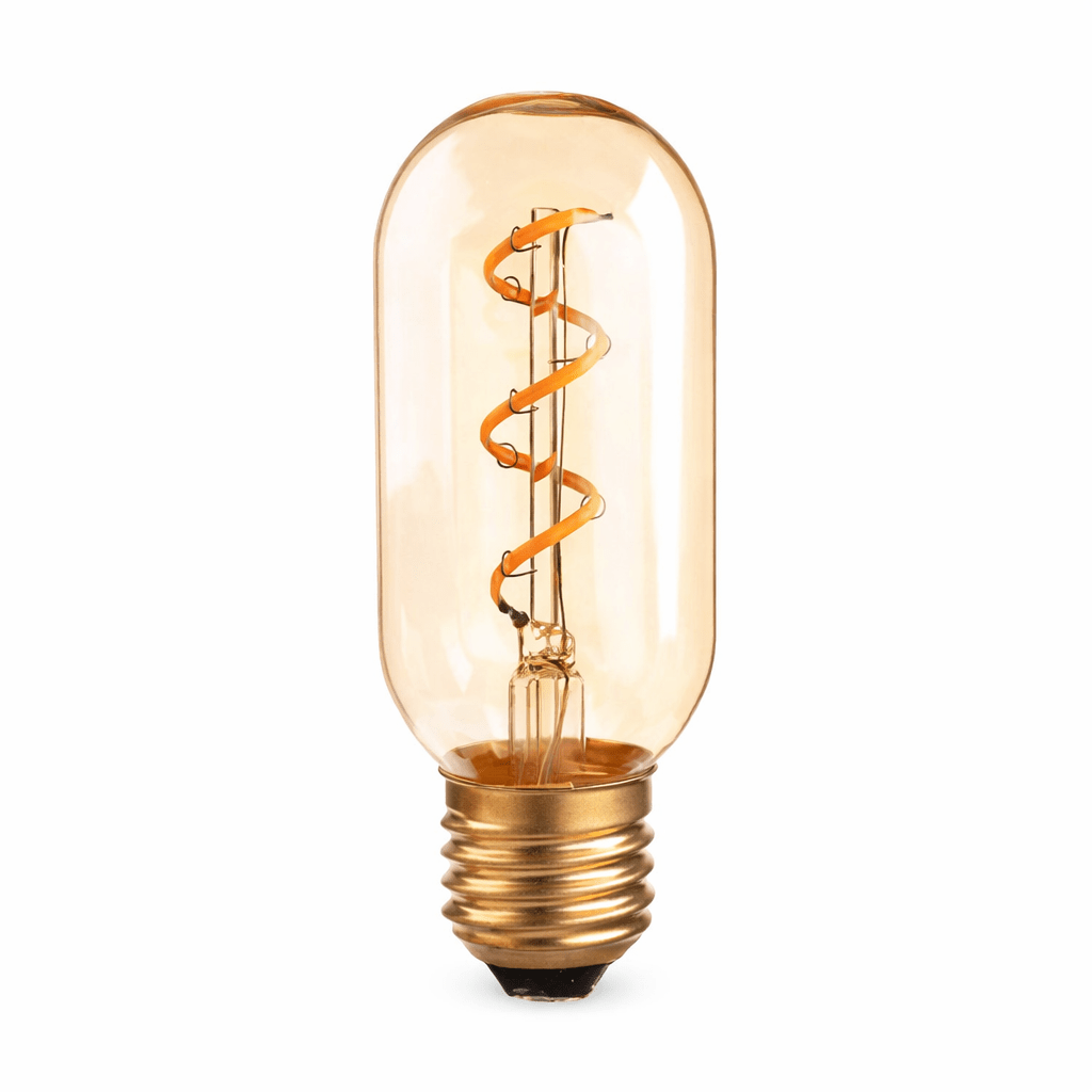 Vintage-style light bulb with spiral filament on a white background