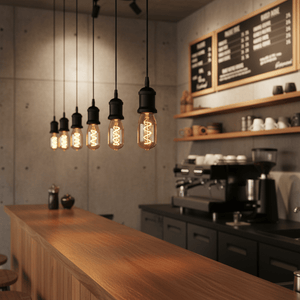 Modern coffee shop interior with wooden counter, hanging lights, and coffee machine.