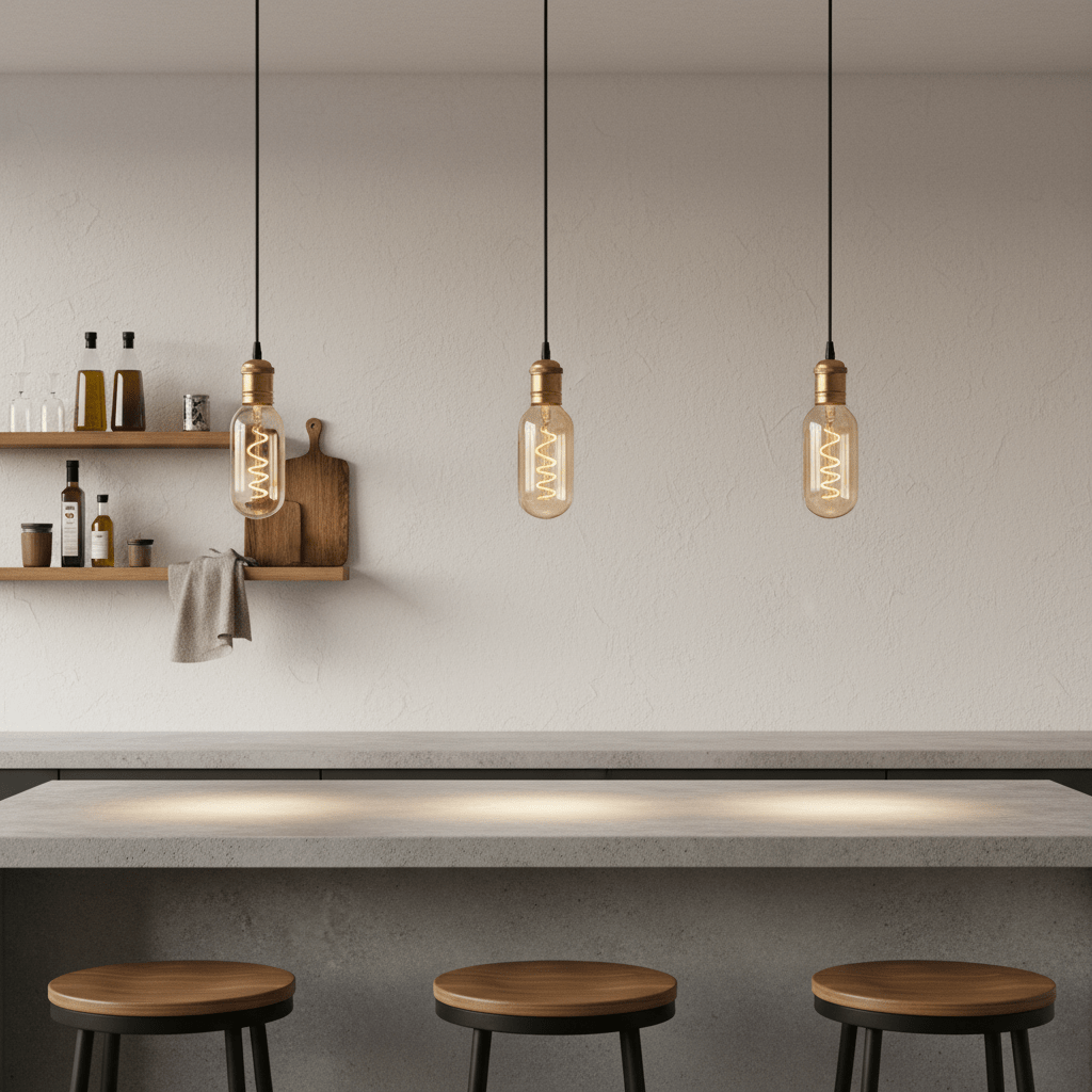 Modern kitchen with pendant lights, shelves, and stools.