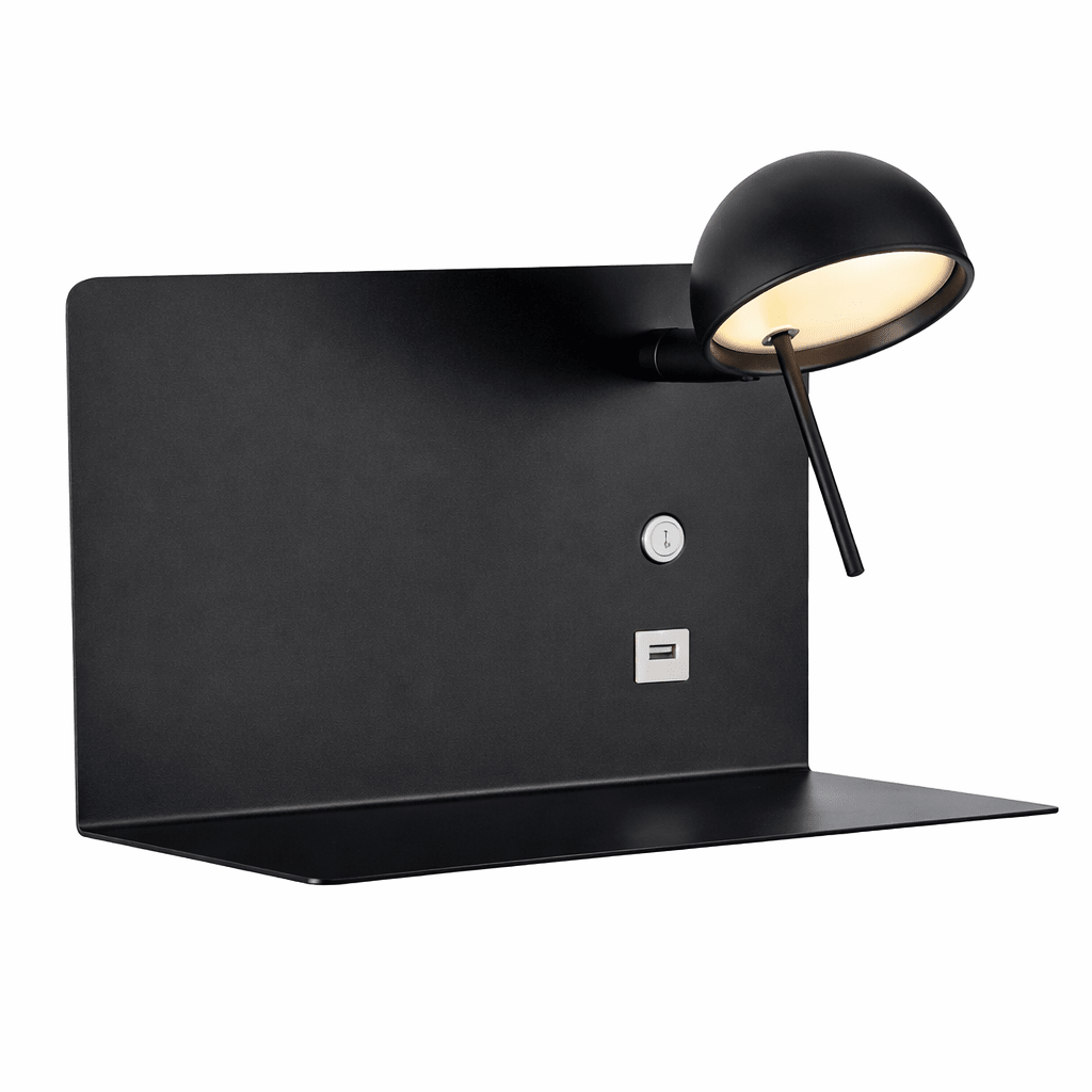 Black wall-mounted shelf with a lamp on a white background
