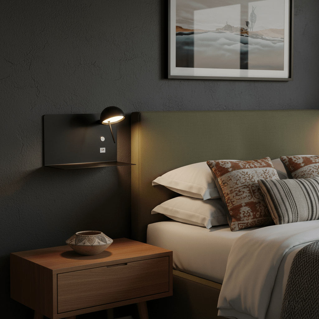 Stylish black USB wall light mounted beside a bed, casting a warm glow in a cozy bedroom setting.