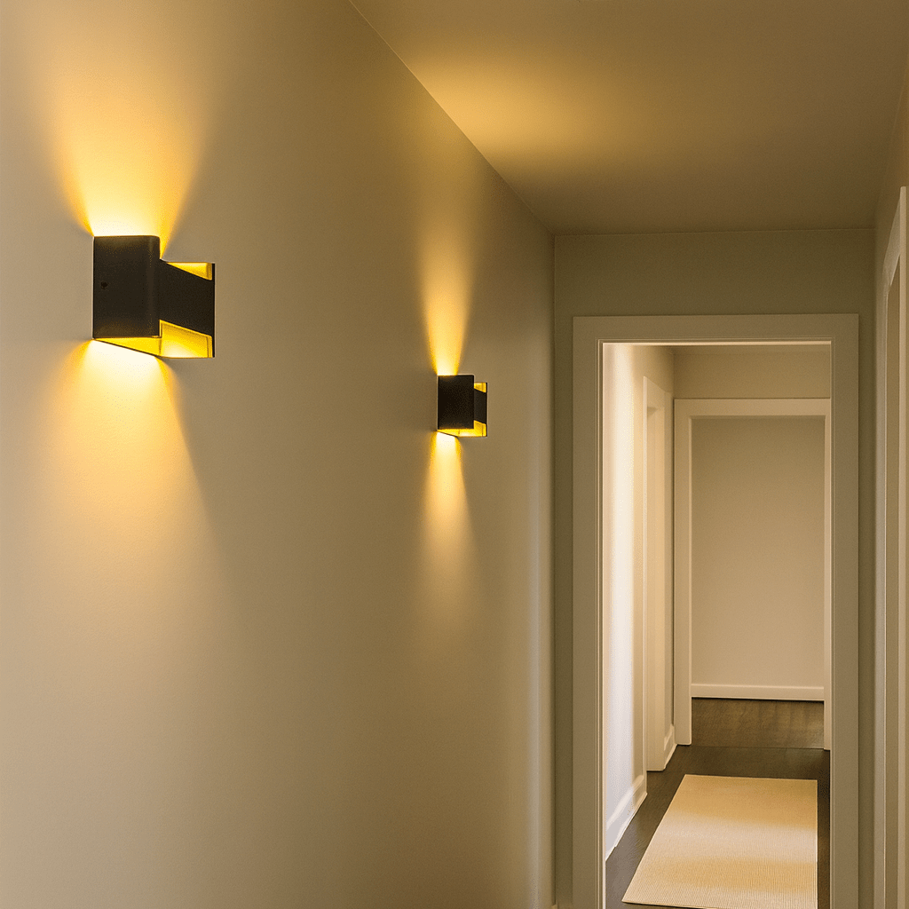 Modern hallway with ceiling and wall lights in a home interior.